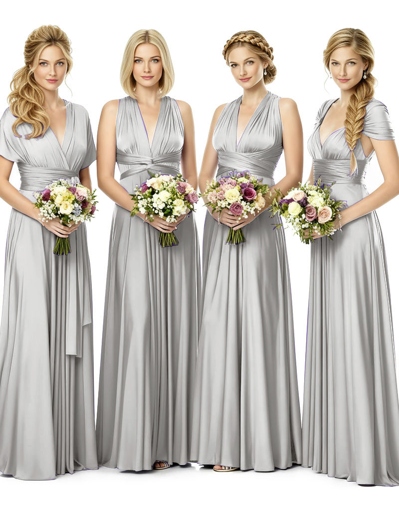 Bridesmaid Maxi Dress with Pockets Convertible Regular Plus size Wedding Bridal Party Bridemaids Gown silver 