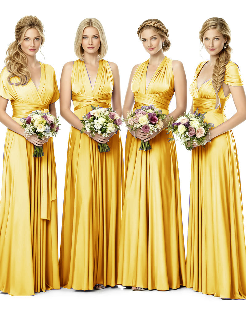 Bridesmaid Maxi Dress with Pockets Convertible Regular Plus size Wedding Bridal Party Bridemaids Gown yellow 