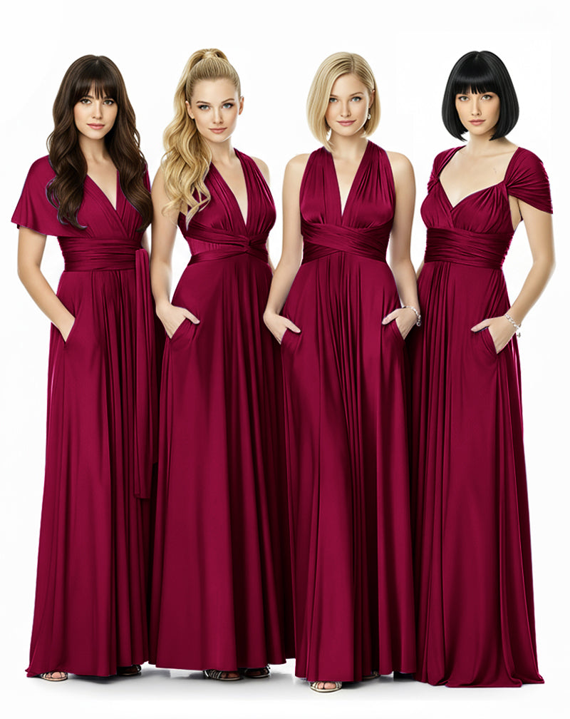 convertible dress floor length infinity dress with pockets transformer maxi multiway wrap dress for bridesmaid burgundy 