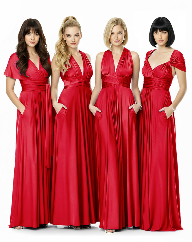 convertible dress floor length infinity dress with pockets transformer maxi multiway wrap dress for bridesmaid red 