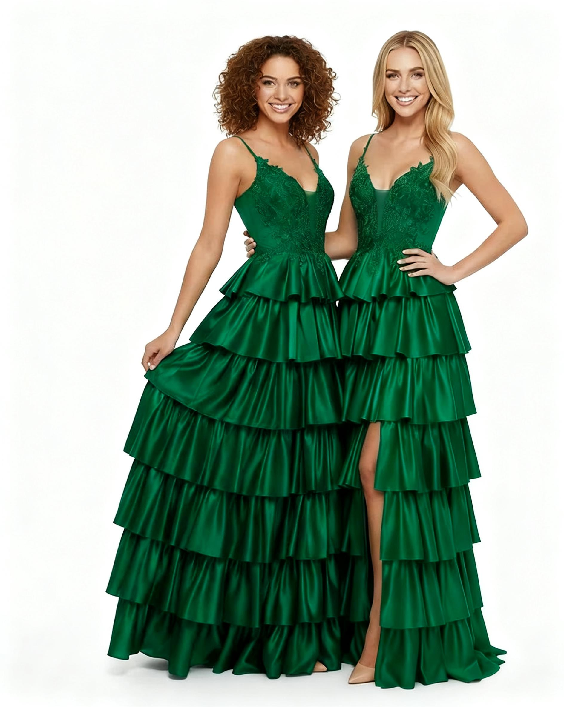 Ariana V-Neck Lace Applique Satin Prom Dress with Tiered Ruffles & High Thigh Slit