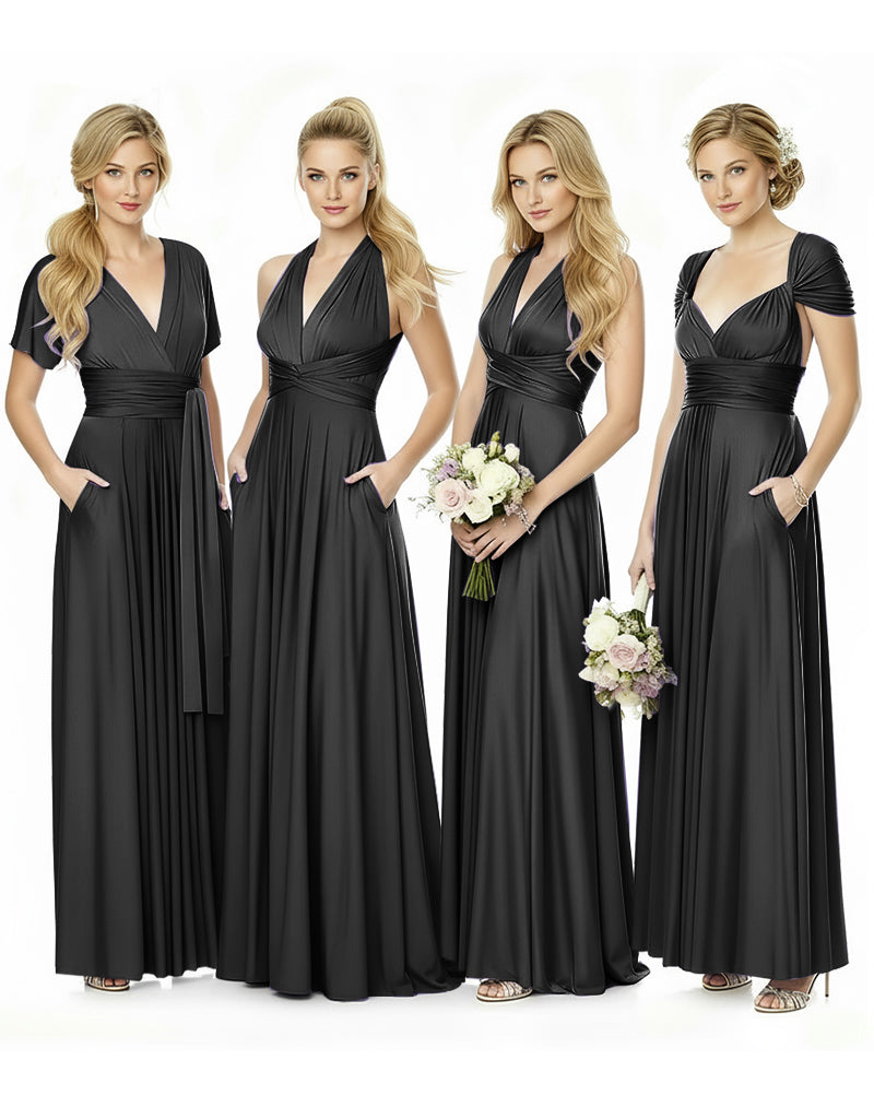 Convertible Maxi Infinity Dress With Pockets for Bridesmaids and Guests Regular Plus size Wedding Bridal Party Bridemaids Gownblack 