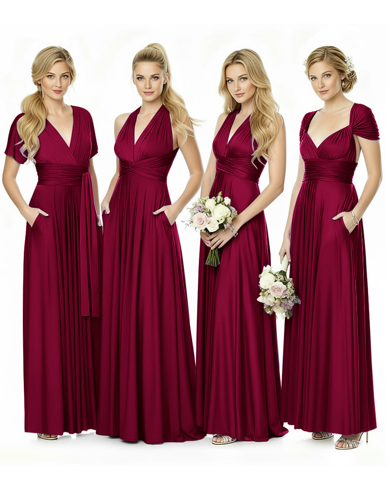 Convertible Maxi Infinity Dress With Pockets for Bridesmaids and Guests Regular Plus size Wedding Bridal Party Bridemaids Gownburgundy 