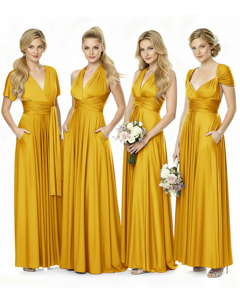 Convertible Maxi Infinity Dress With Pockets for Bridesmaids and Guests Regular Plus size Wedding Bridal Party Bridemaids Gownmustard yellow 