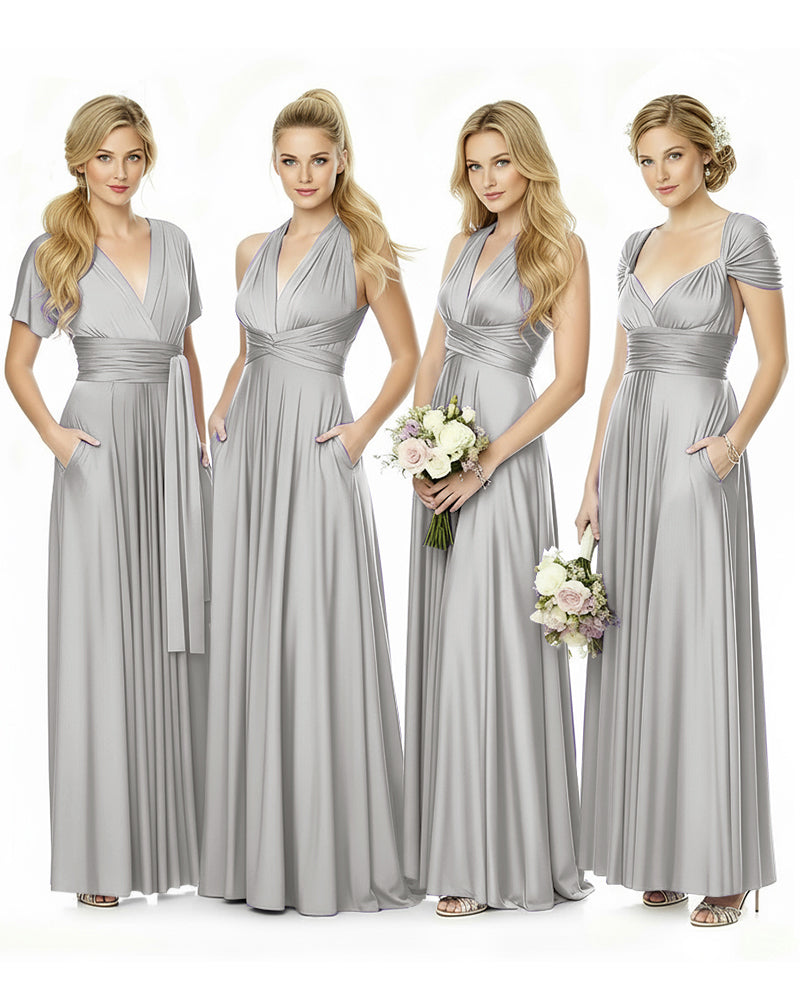 Convertible Maxi Infinity Dress With Pockets for Bridesmaids and Guests Regular Plus size Wedding Bridal Party Bridemaids Gownsilver 