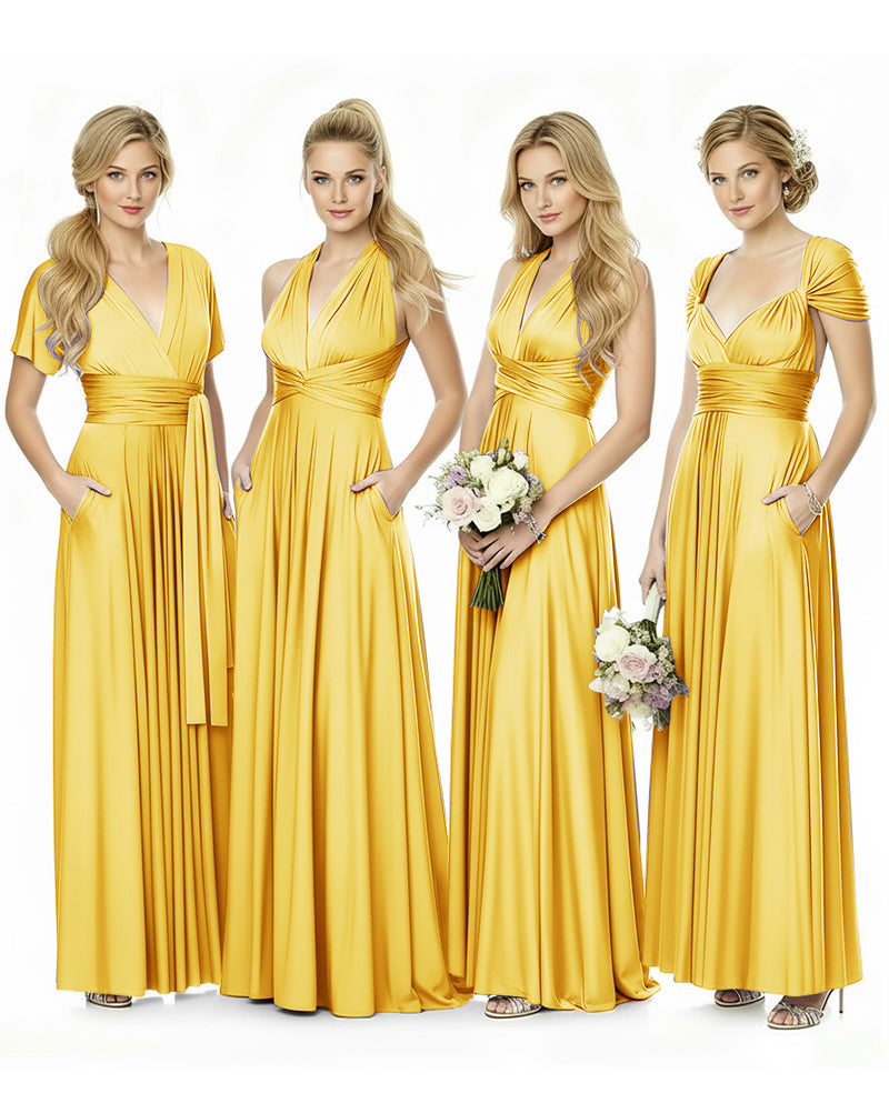 Convertible Maxi Infinity Dress With Pockets for Bridesmaids and Guests Regular Plus size Wedding Bridal Party Bridemaids Gownyellow 