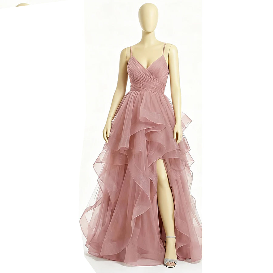 Celeste - V-Neck Tiered Tulle Ball Gown Prom Dress with Lace-Up Back & Thigh Slit