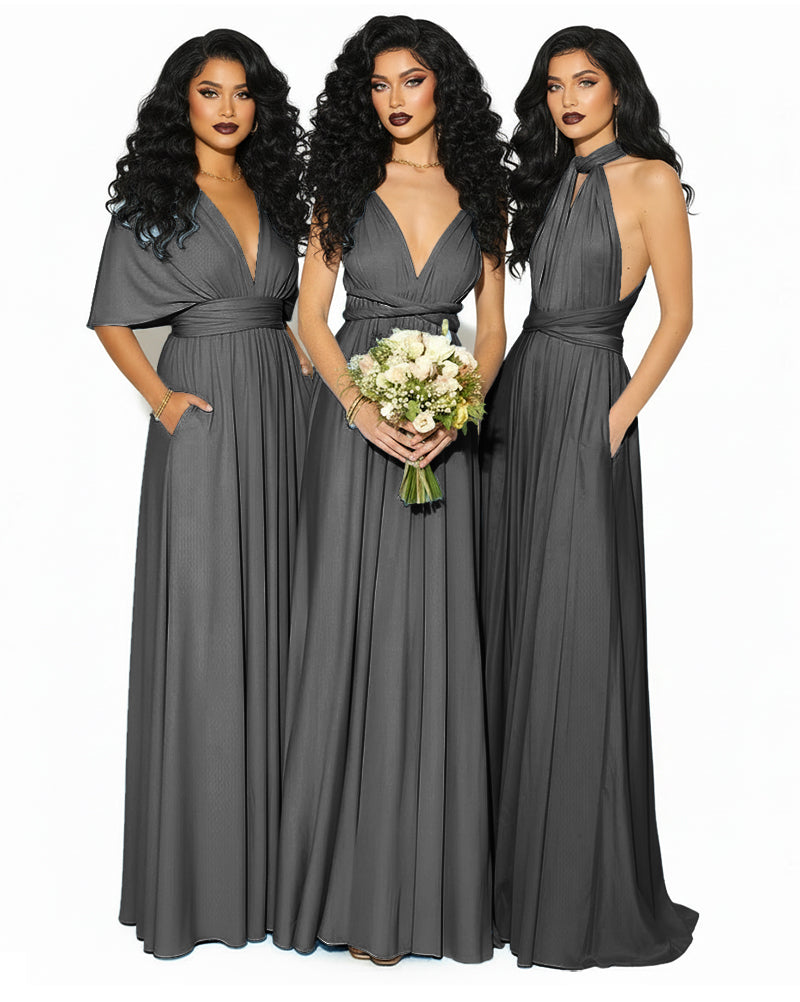 Convertible Multiway Infinity Wrap Dress with Pockets Regular Plus size Wedding Bridal Party Bridemaids Gown black 