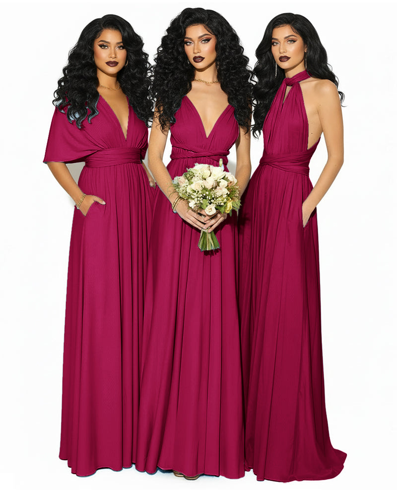 Convertible Multiway Infinity Wrap Dress with Pockets Regular Plus size Wedding Bridal Party Bridemaids Gown burgundy 