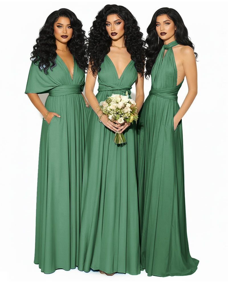 Convertible Multiway Infinity Wrap Dress with Pockets Regular Plus size Wedding Bridal Party Bridemaids Gown dark green 