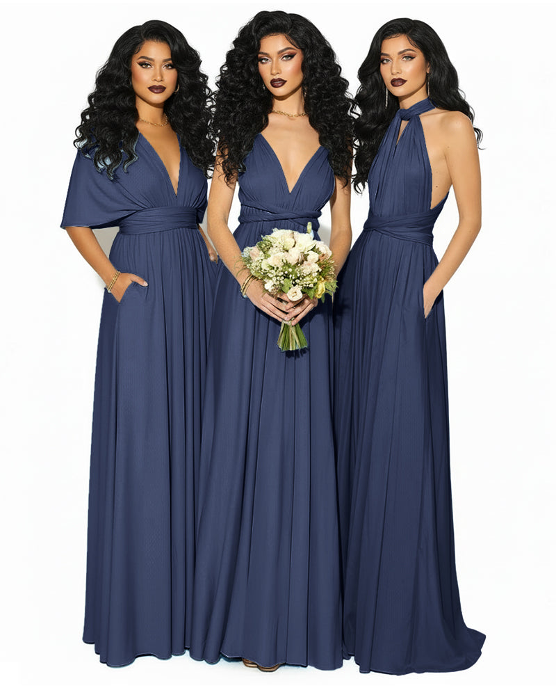 Convertible Multiway Infinity Wrap Dress with Pockets Regular Plus size Wedding Bridal Party Bridemaids Gown dark navy 