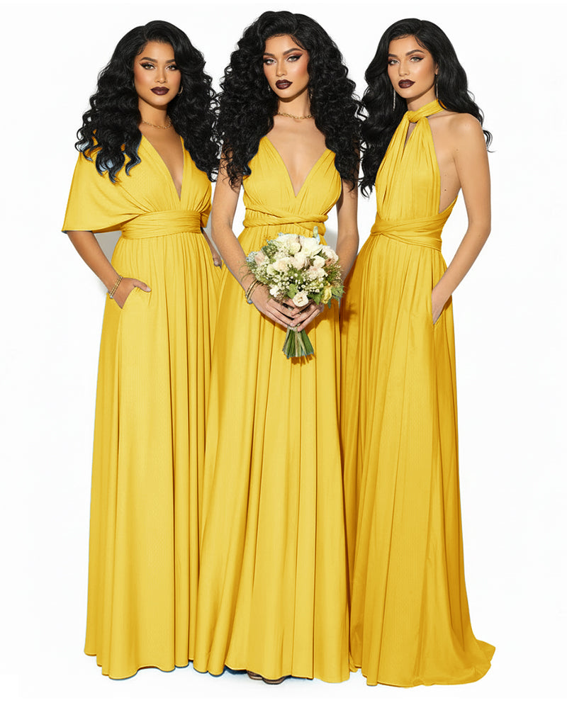 Convertible Multiway Infinity Wrap Dress with Pockets Regular Plus size Wedding Bridal Party Bridemaids Gown mustard yellow 