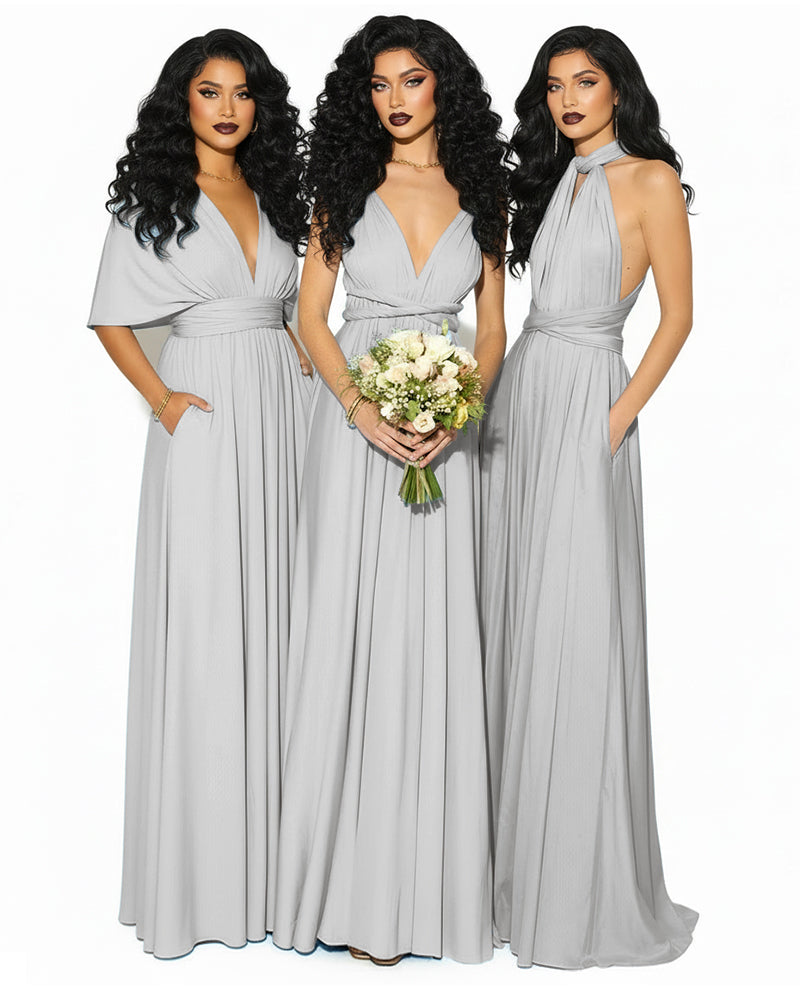 Convertible Multiway Infinity Wrap Dress with Pockets Regular Plus size Wedding Bridal Party Bridemaids Gown silver 