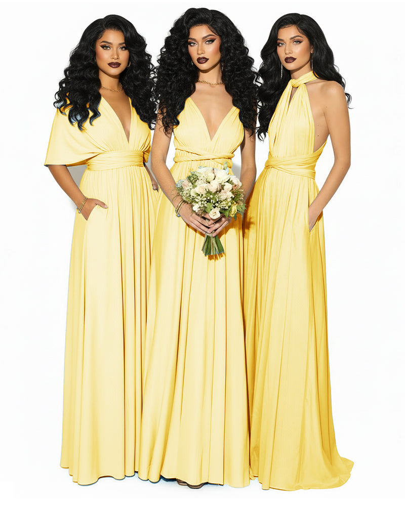 Convertible Multiway Infinity Wrap Dress with Pockets Regular Plus size Wedding Bridal Party Bridemaids Gown yellow 