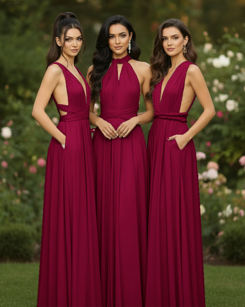 Multiway Convertible Wrap Dress With Pockets Regular Plus size Wedding Bridal Party Bridemaids Gownburgundy 