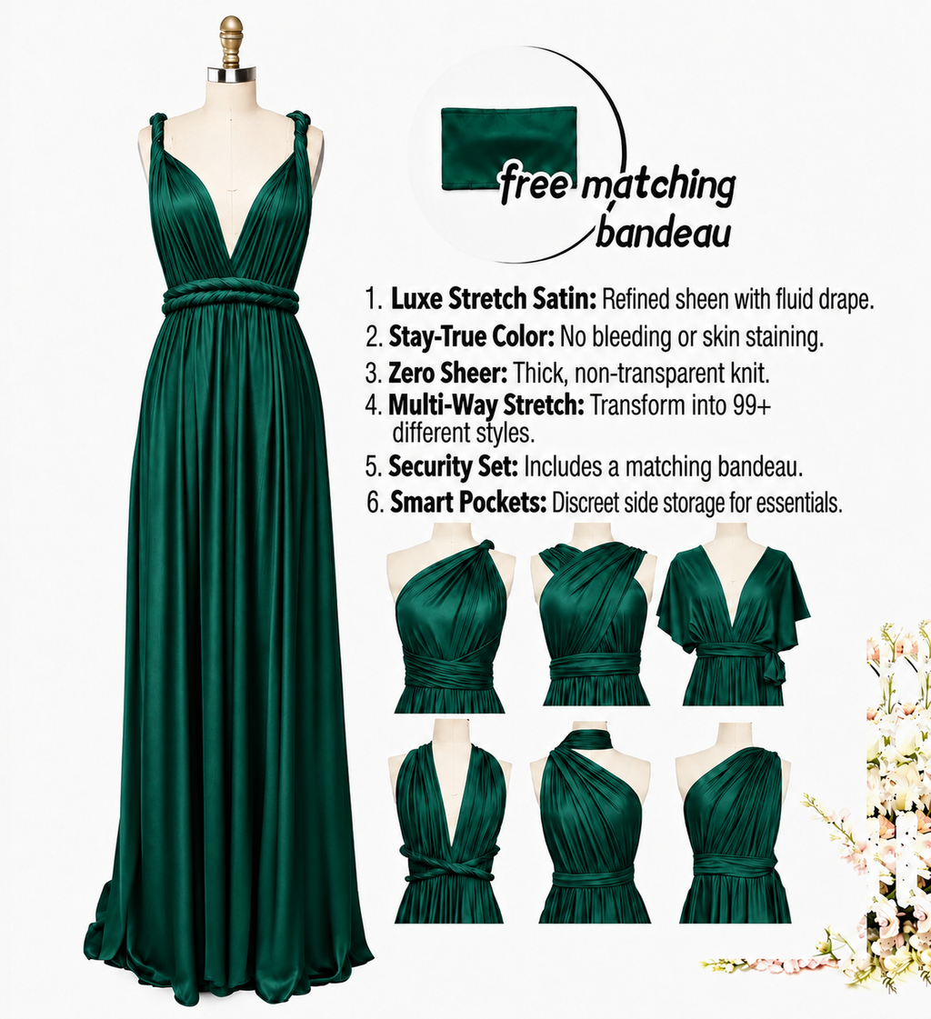 color:Emerald | A dark emerald green satin maxi dress displayed on a mannequin against a white background, with a matching bandeau and product feature callouts. Smaller mannequin views of the dress are shown along the right side.
