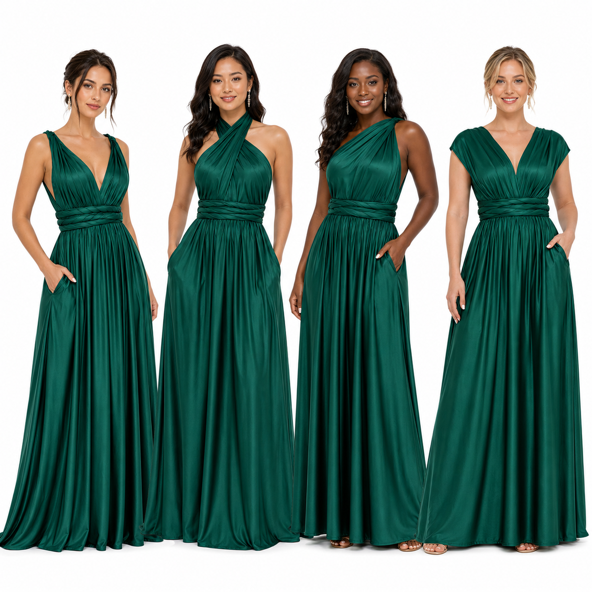 color:Emerald | Four women modeling matching emerald green satin maxi dresses with different neckline and sleeve designs, posed against a solid white background.