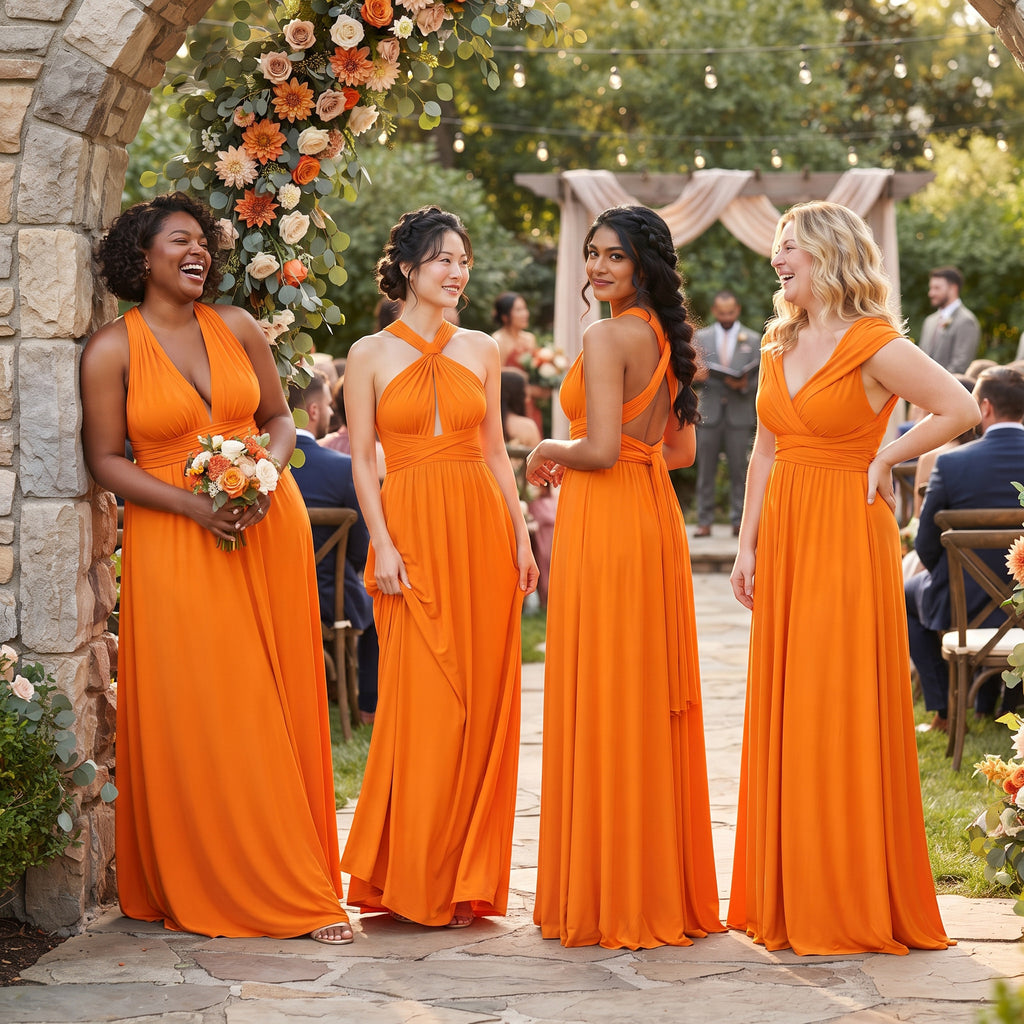 color:Orange | Four bridesmaids wearing matching bright orange floor-length wedding dresses stand outdoors under a stone archway at a wedding reception. The dresses have different neckline and back designs, including V-neck, halter, and backless styles.