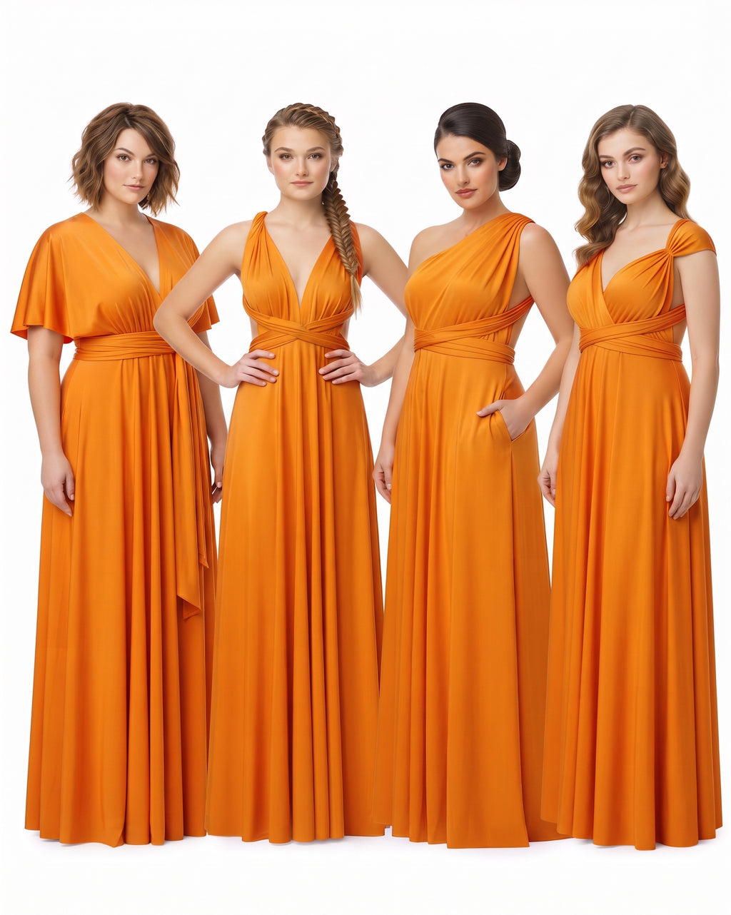 color:Orange | Four women modeling matching bright orange floor-length bridesmaid dresses against a plain white studio background.