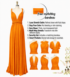 color:Orange | An orange sleeveless maxi dress displayed on a mannequin, with product features and a matching bandeau included in the listing graphic. The image includes text describing the fabric and six smaller mannequin views showing different draped styles of the dress.