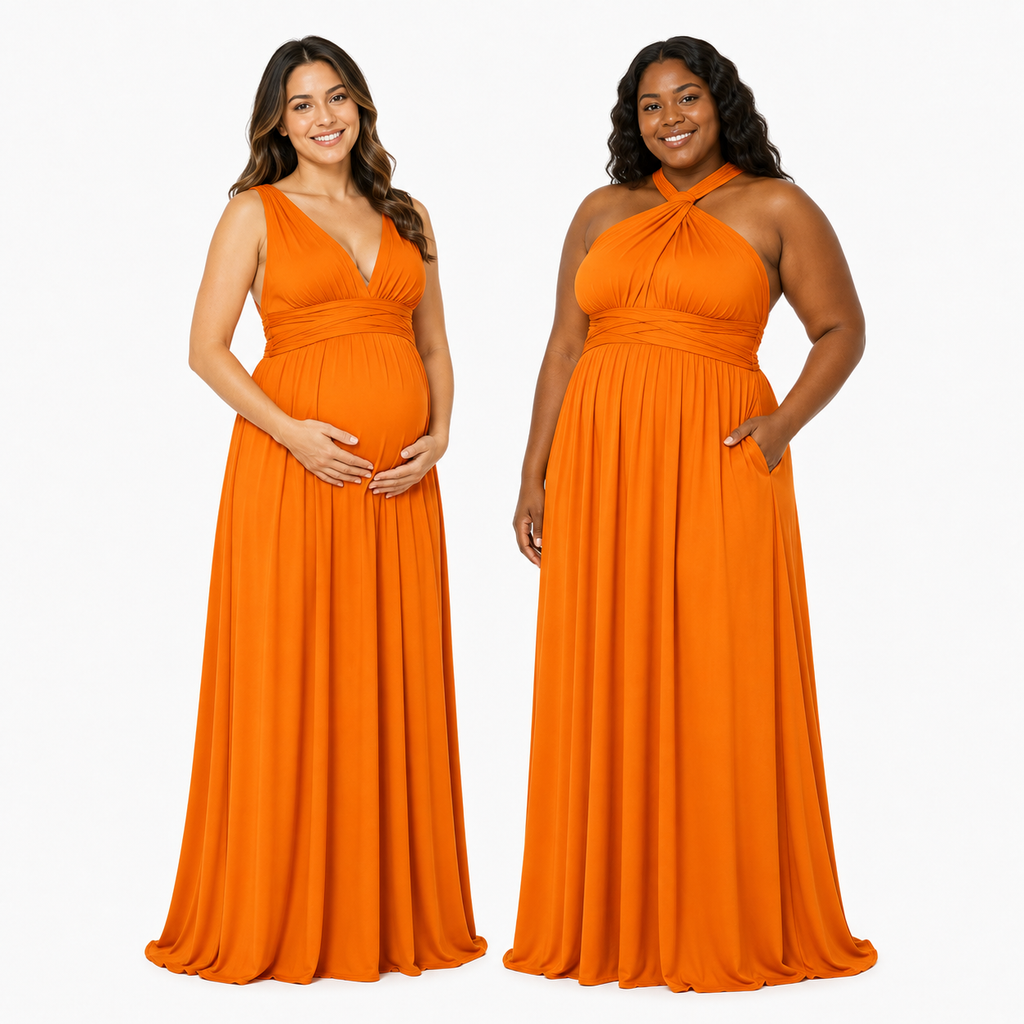 color:Orange | Two women modeling bright orange floor-length maternity dresses against a clean white studio background. The left dress is sleeveless with a deep V-neck and gathered waist; the right dress has a halter-style crossover neckline and side pocket.