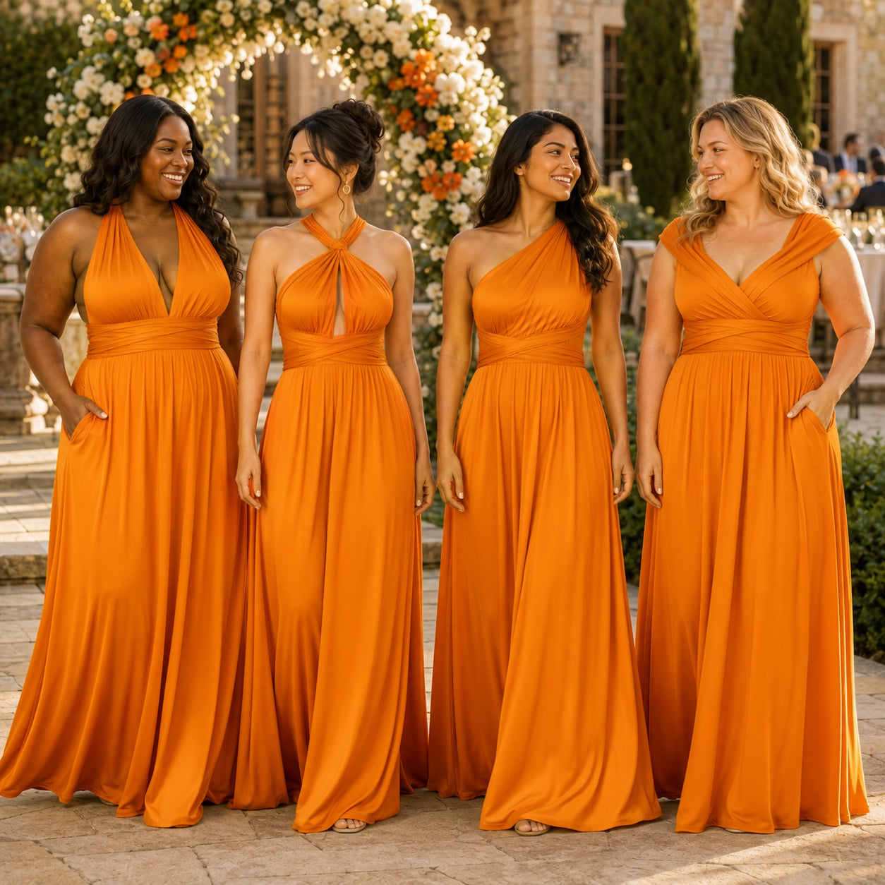 color:Orange | Four women wearing matching long orange bridesmaid dresses standing outdoors in front of a stone building and floral arch.