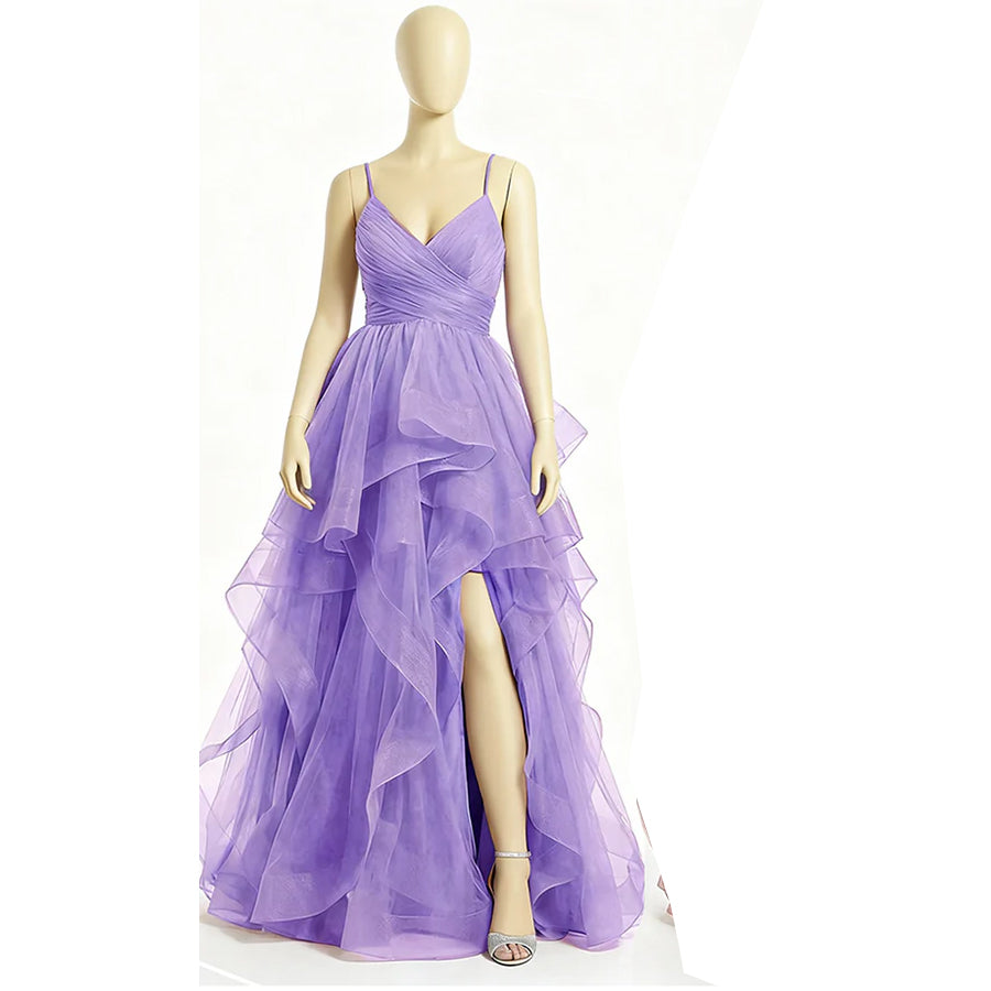 Celeste - V-Neck Tiered Tulle Ball Gown Prom Dress with Lace-Up Back & Thigh Slit