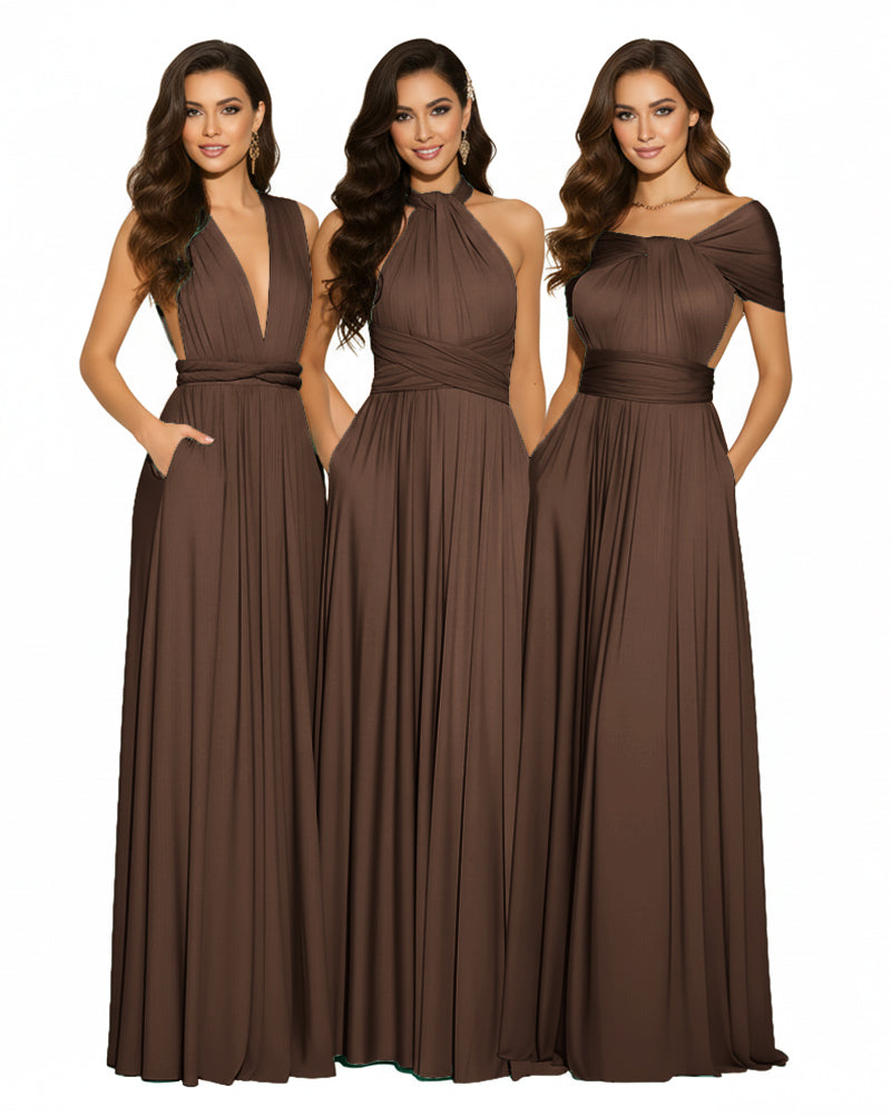 Luxe Convertible Bridesmaid Maxi Inifity Dress for Elegant Occasions With Pockets Regular Plus size Wedding Bridal Party Bridemaids Gownbrown 