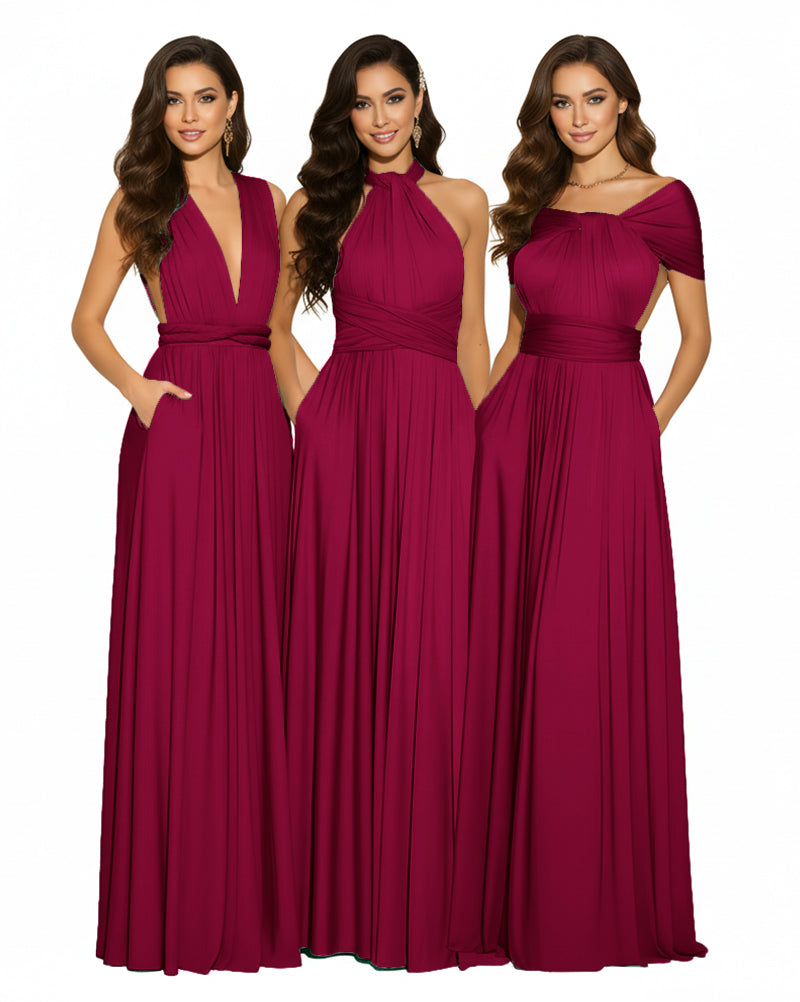 Luxe Convertible Bridesmaid Maxi Inifity Dress for Elegant Occasions With Pockets Regular Plus size Wedding Bridal Party Bridemaids Gownburgundy 