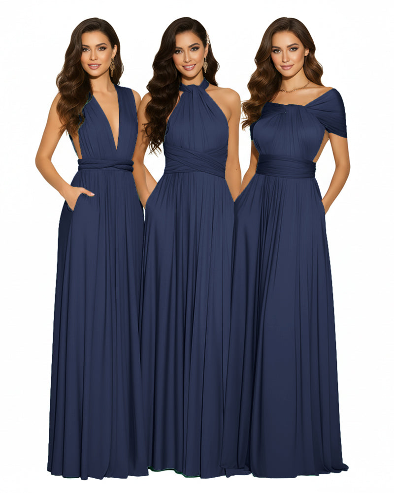 Luxe Convertible Bridesmaid Maxi Inifity Dress for Elegant Occasions With Pockets Regular Plus size Wedding Bridal Party Bridemaids Gowndark navy 