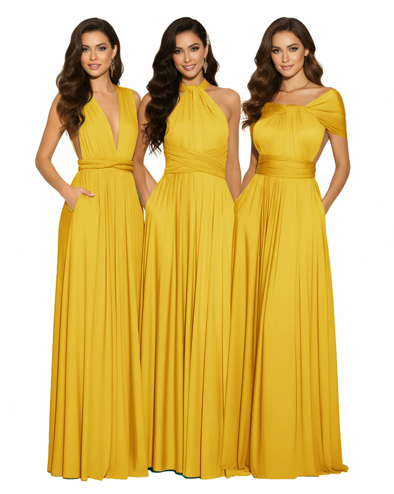 Luxe Convertible Bridesmaid Maxi Inifity Dress for Elegant Occasions With Pockets Regular Plus size Wedding Bridal Party Bridemaids Gownmustard yellow 