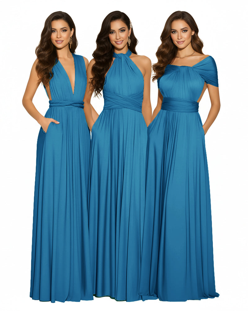 Luxe Convertible Bridesmaid Maxi Inifity Dress for Elegant Occasions With Pockets Regular Plus size Wedding Bridal Party Bridemaids Gownpeacock blue 