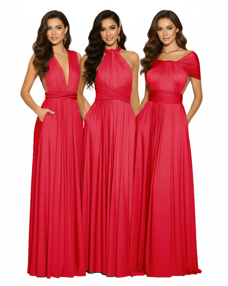 Luxe Convertible Bridesmaid Maxi Inifity Dress for Elegant Occasions With Pockets Regular Plus size Wedding Bridal Party Bridemaids Gownred 
