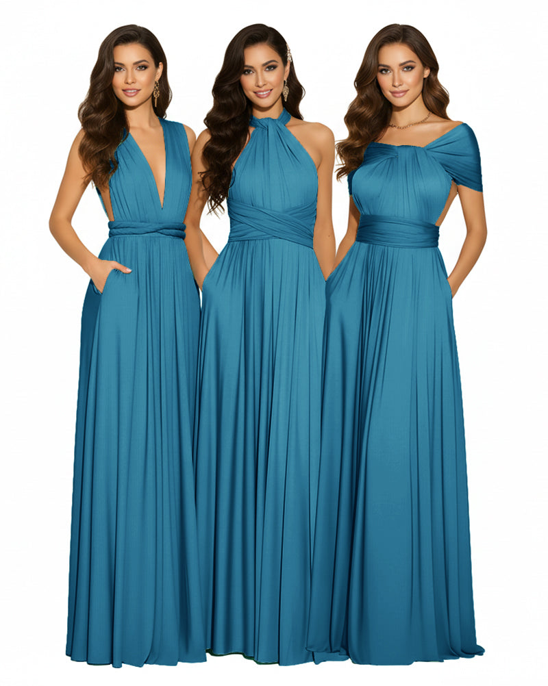 Luxe Convertible Bridesmaid Maxi Inifity Dress for Elegant Occasions With Pockets Regular Plus size Wedding Bridal Party Bridemaids Gownteal blue 