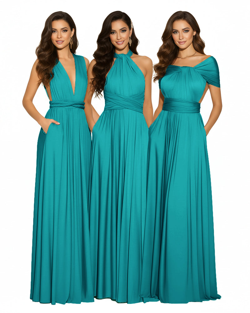Luxe Convertible Bridesmaid Maxi Inifity Dress for Elegant Occasions With Pockets Regular Plus size Wedding Bridal Party Bridemaids Gownteal green 