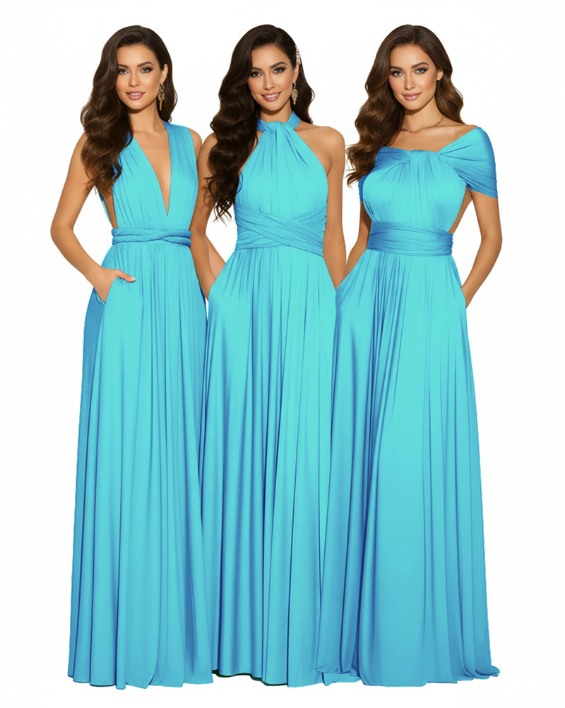 Luxe Convertible Bridesmaid Maxi Inifity Dress for Elegant Occasions With Pockets Regular Plus size Wedding Bridal Party Bridemaids Gownturquoise blue 