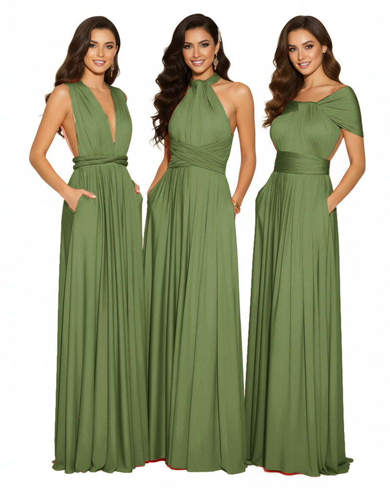 Convertible Bridesmaid Maxi Multiway Dress With Pockets Regular Plus size Wedding Bridal Party Bridemaids Gown olive 
