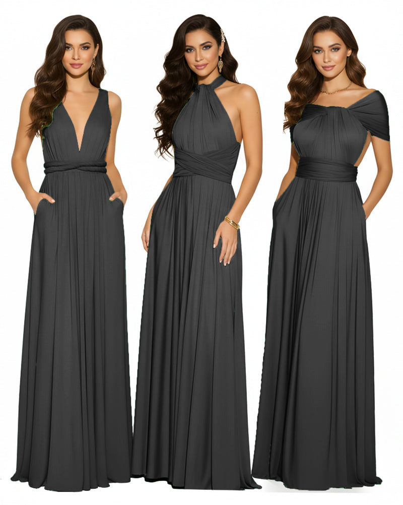Multiway Convertible Maxi Infinity Dress With Pockets Regular Plus size Wedding Bridal Party Bridemaids Gownblack 