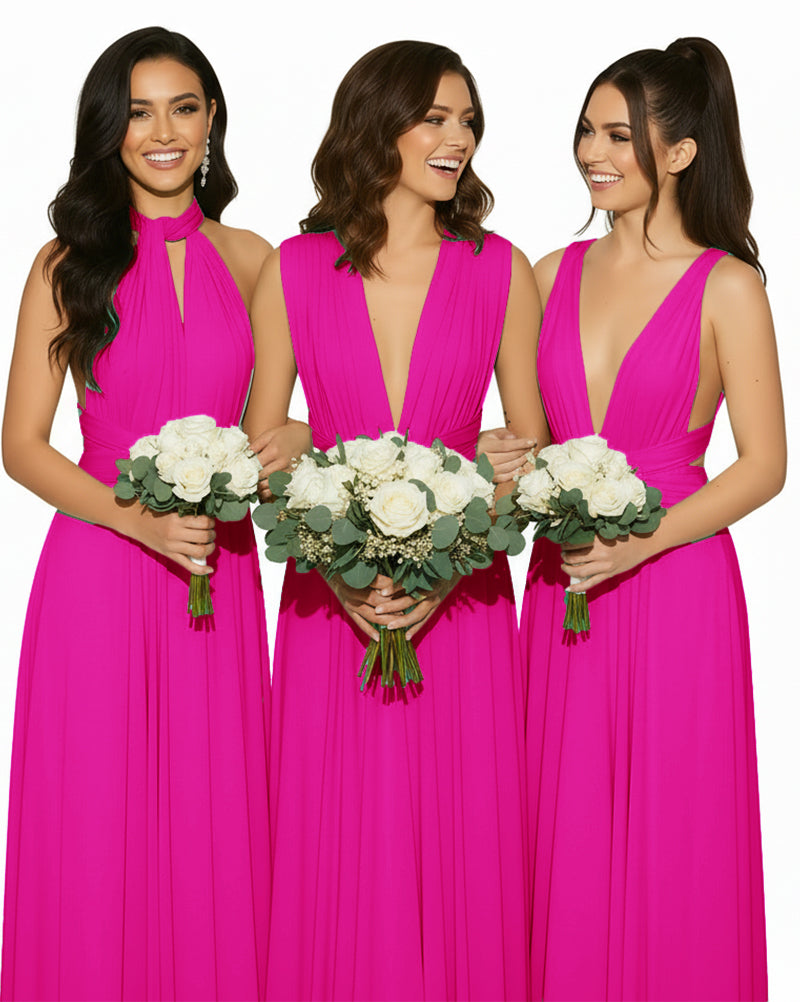 Multiway Floor Length Infinity Transformer Maxi Convertible Wrap Dress With Pockets for Bridesmaid fuchsia one size plus