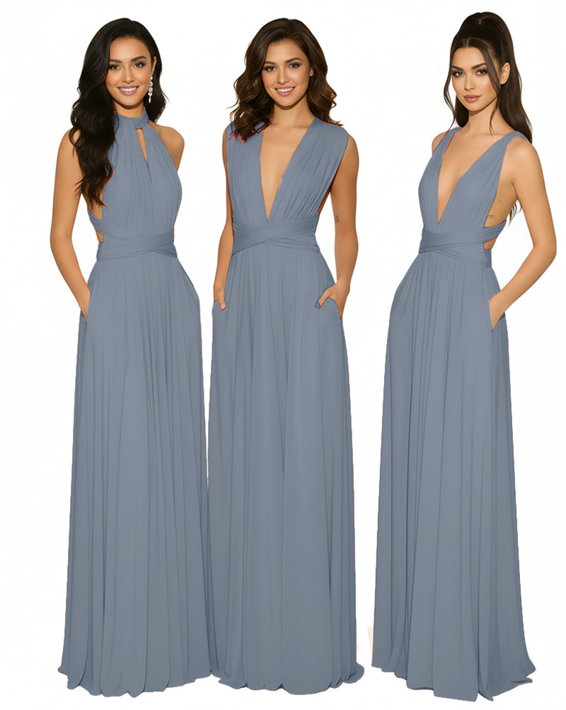 Multiway Maxi Gown Infinity Dress with Pockets Regular Plus size Wedding Bridal Party Bridemaids Gowndusty blue 