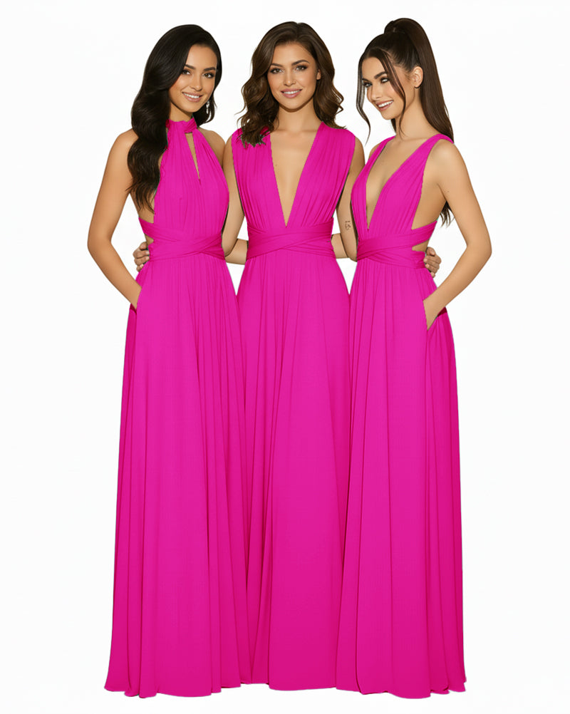 Multiway Maxi Infinity Convertible Dress With Pockets Regular Plus size Wedding Bridal Party Bridemaids Gown fuchsia 