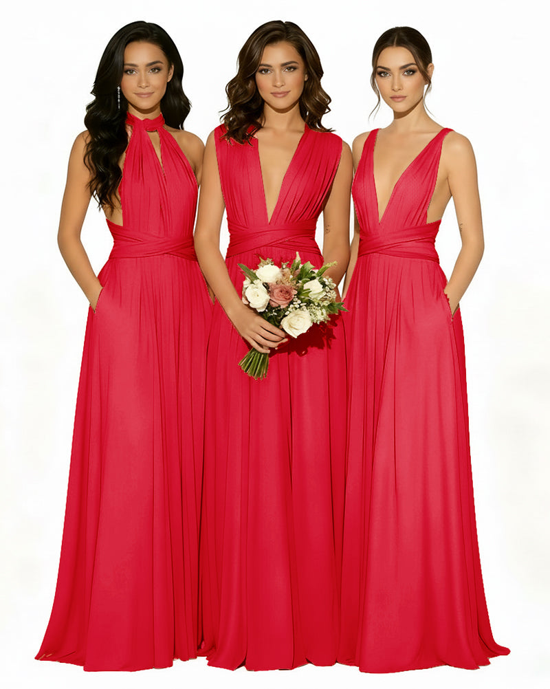 Multiway Wrap Bridesmaid Infinity Dress with Pockets Regular Plus size Wedding Bridal Party Bridemaids Gownred 