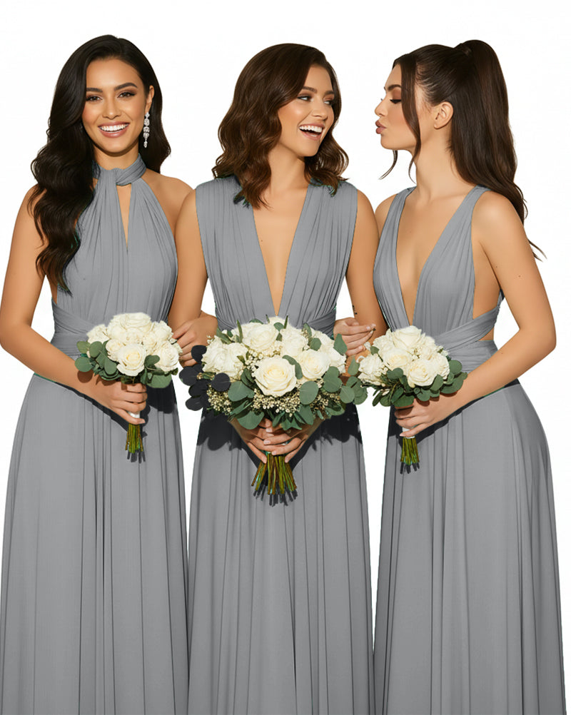Convertible Multiway Wrap Maxi Infinity Dress with Pockets Regular Plus size Wedding Bridal Party Bridemaids Gowncharcoal grey 