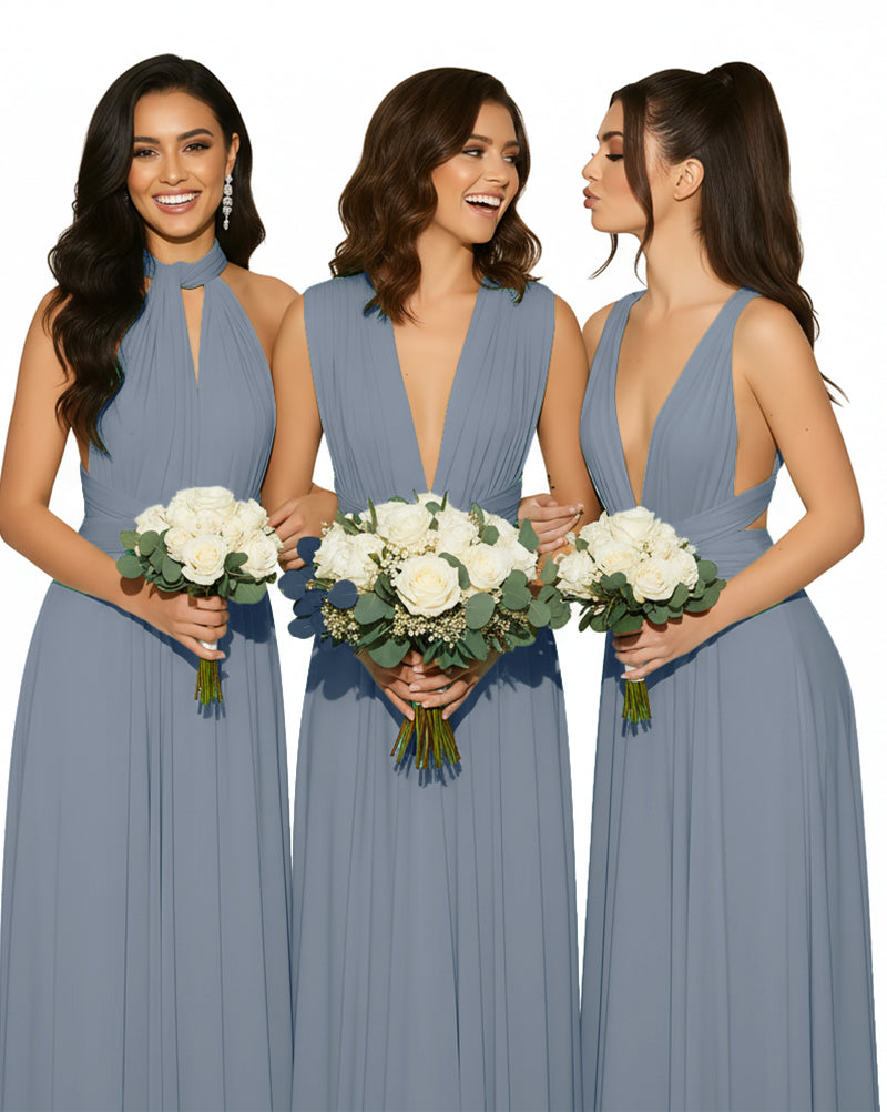 Convertible Multiway Wrap Maxi Infinity Dress with Pockets Regular Plus size Wedding Bridal Party Bridemaids Gowndusty blue 