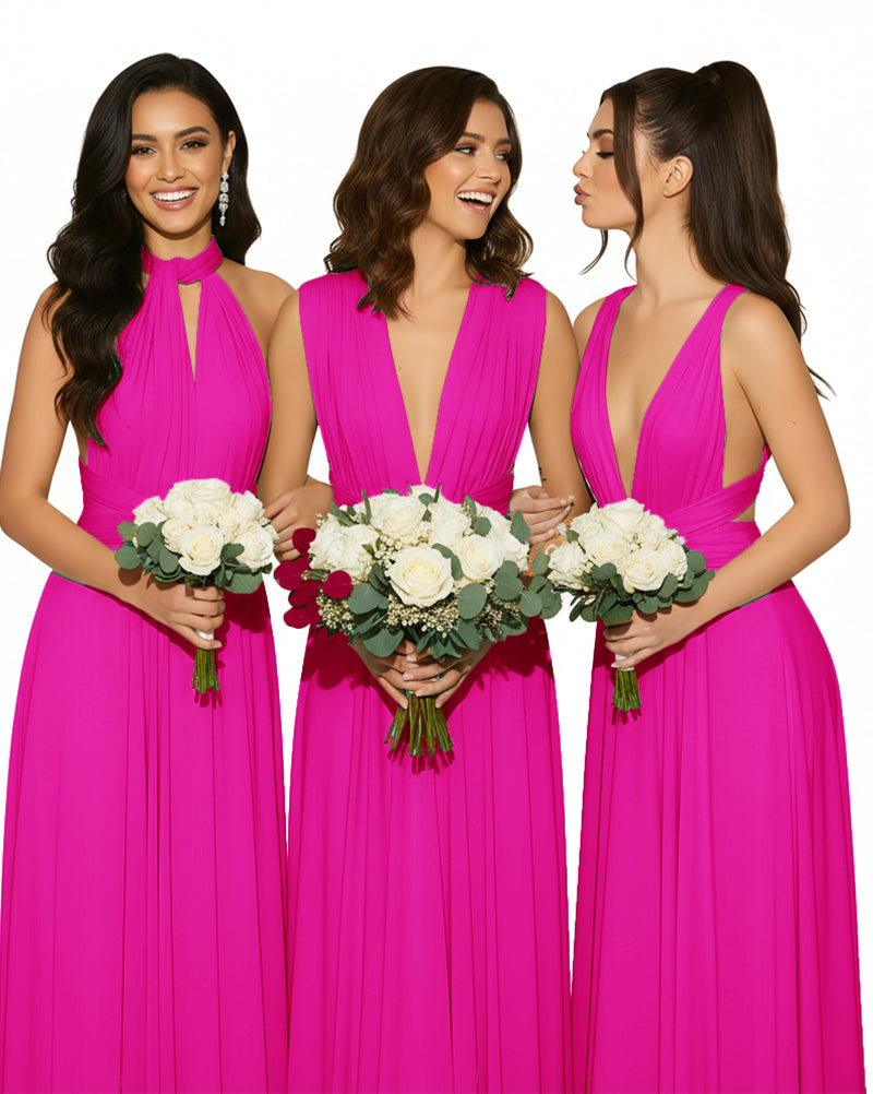 Convertible Multiway Wrap Maxi Infinity Dress with Pockets Regular Plus size Wedding Bridal Party Bridemaids Gownfuchsia 