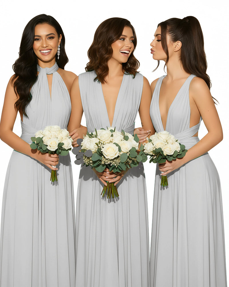 Convertible Multiway Wrap Maxi Infinity Dress with Pockets Regular Plus size Wedding Bridal Party Bridemaids Gownsilver 