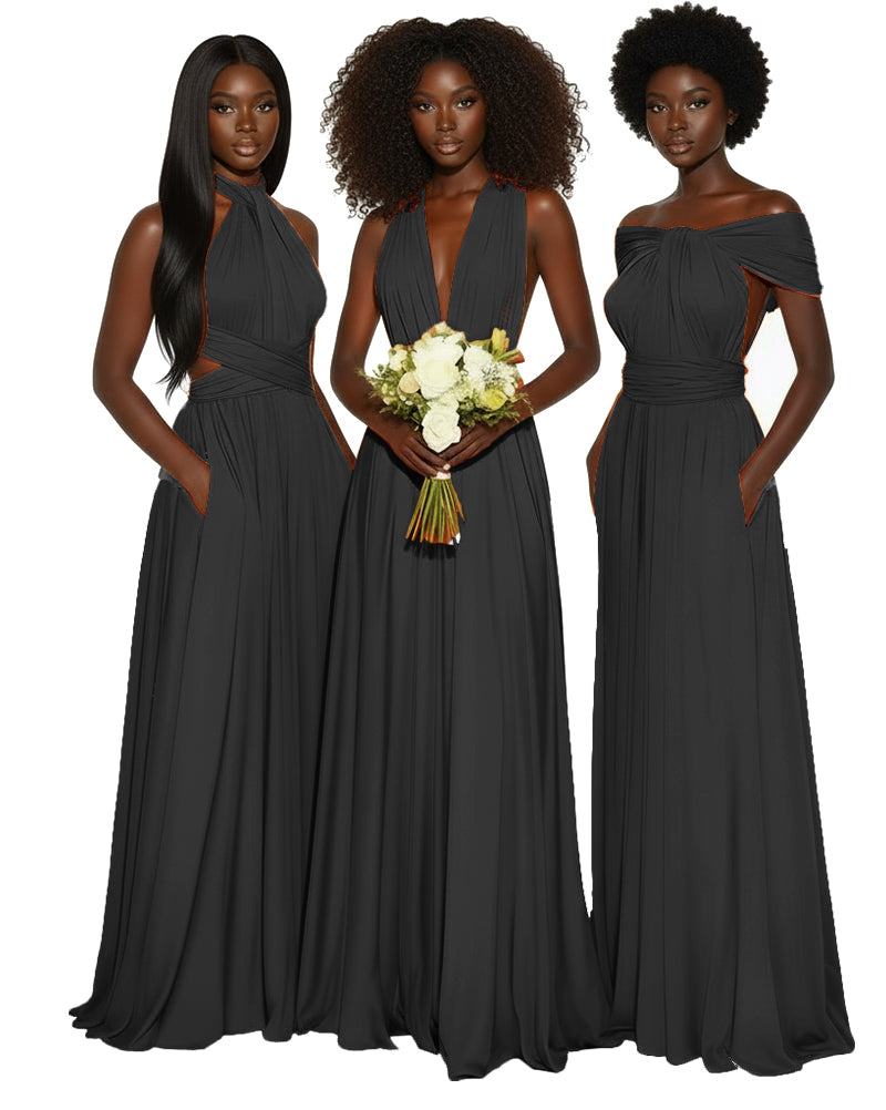 Convertible Multiway Infinity dress With Pockets Regular Plus size Wedding Bridal Party Bridemaids Gown black 