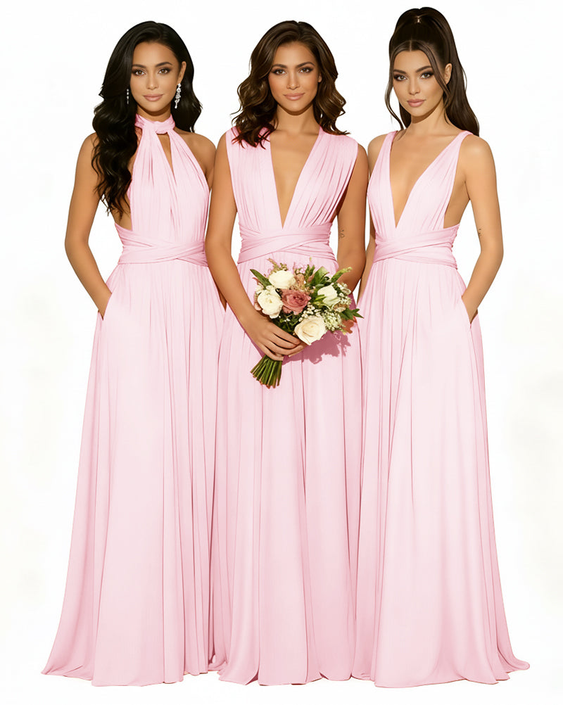 Versatile Bridesmaid Maxi Inifity Dress with Convertible Straps and Pockets Regular Plus size Wedding Bridal Party Bridemaids Gownblushing pink 