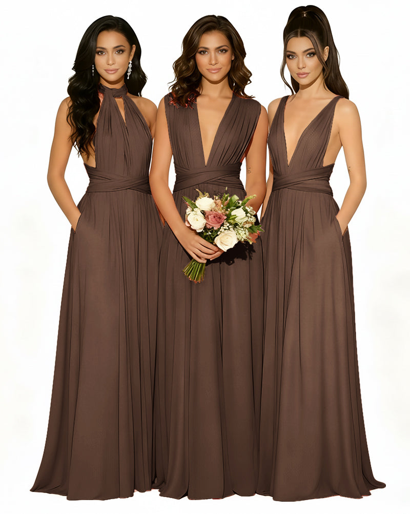 Versatile Bridesmaid Maxi Inifity Dress with Convertible Straps and Pockets Regular Plus size Wedding Bridal Party Bridemaids Gownbrown 