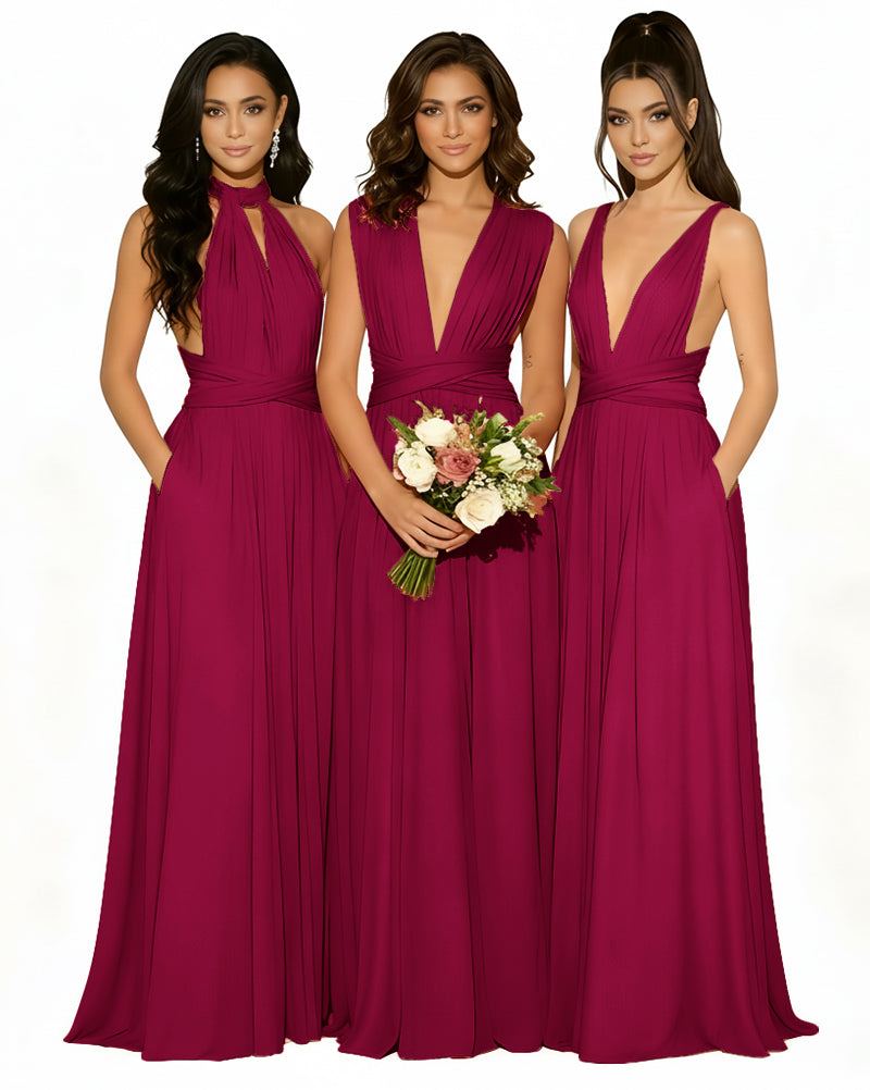 Versatile Bridesmaid Maxi Inifity Dress with Convertible Straps and Pockets Regular Plus size Wedding Bridal Party Bridemaids Gownburgundy 